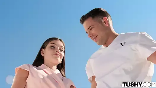 Intimate tryst: Tushy Vanessa, Stefany share anal cock.